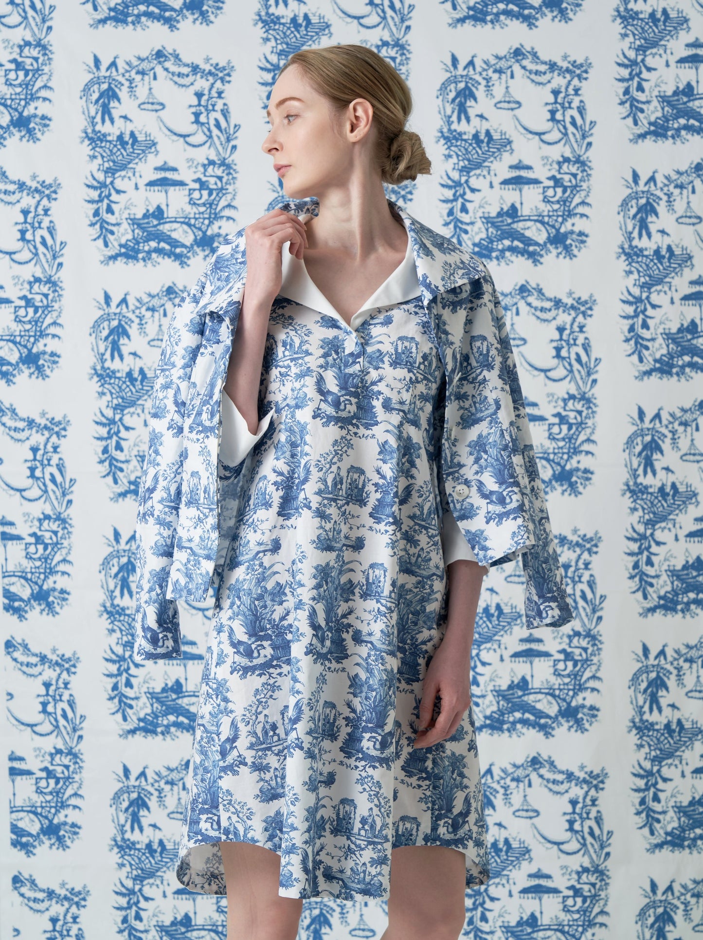 Chinoiserie pleated back shirt dress *Made to order