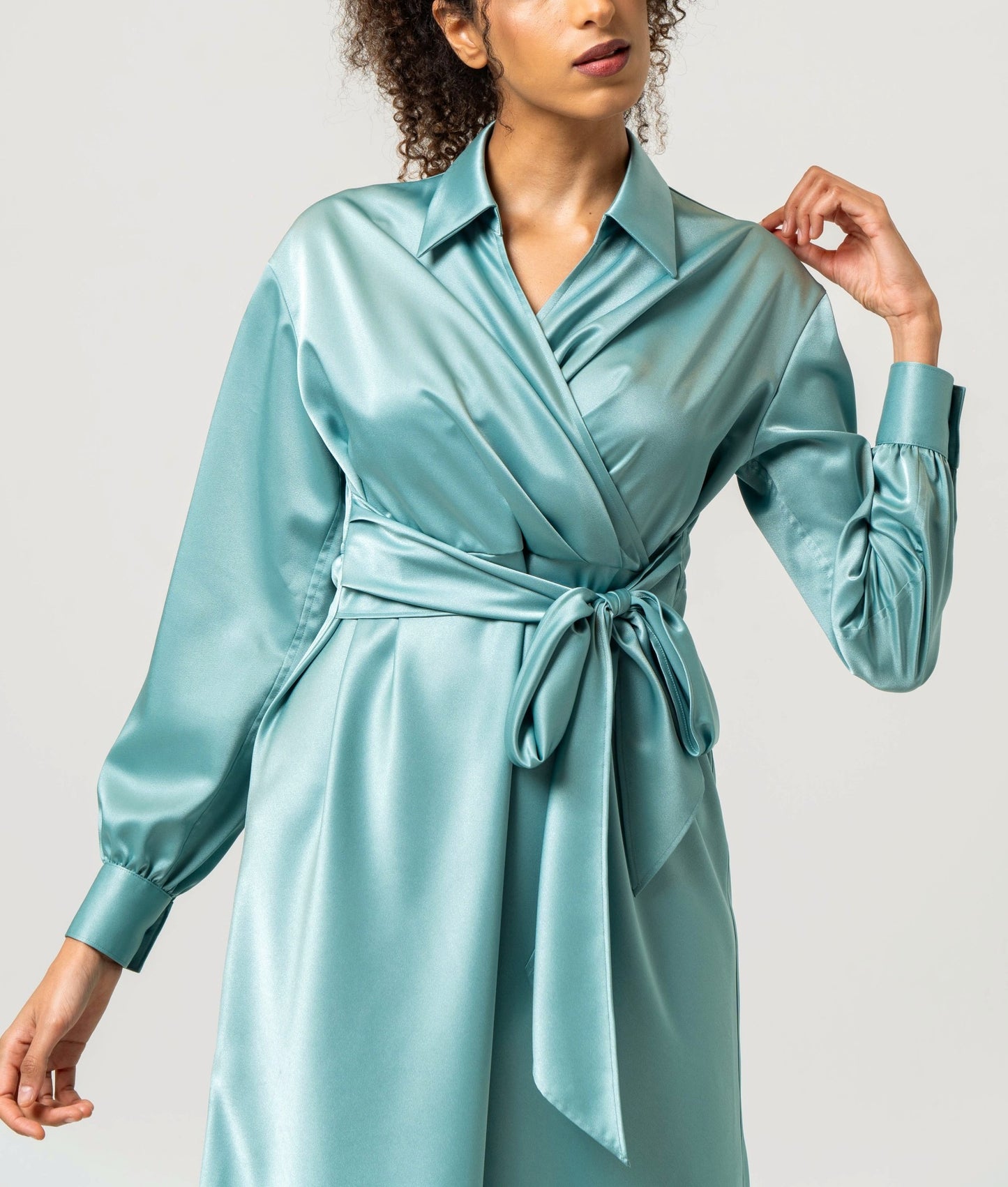 Sage blue satin cachecoeur dress *Made to order