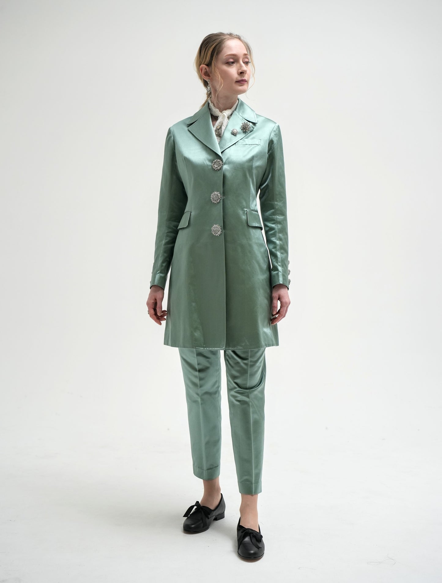 Silk cotton satin rhinestone button coat *Made to order