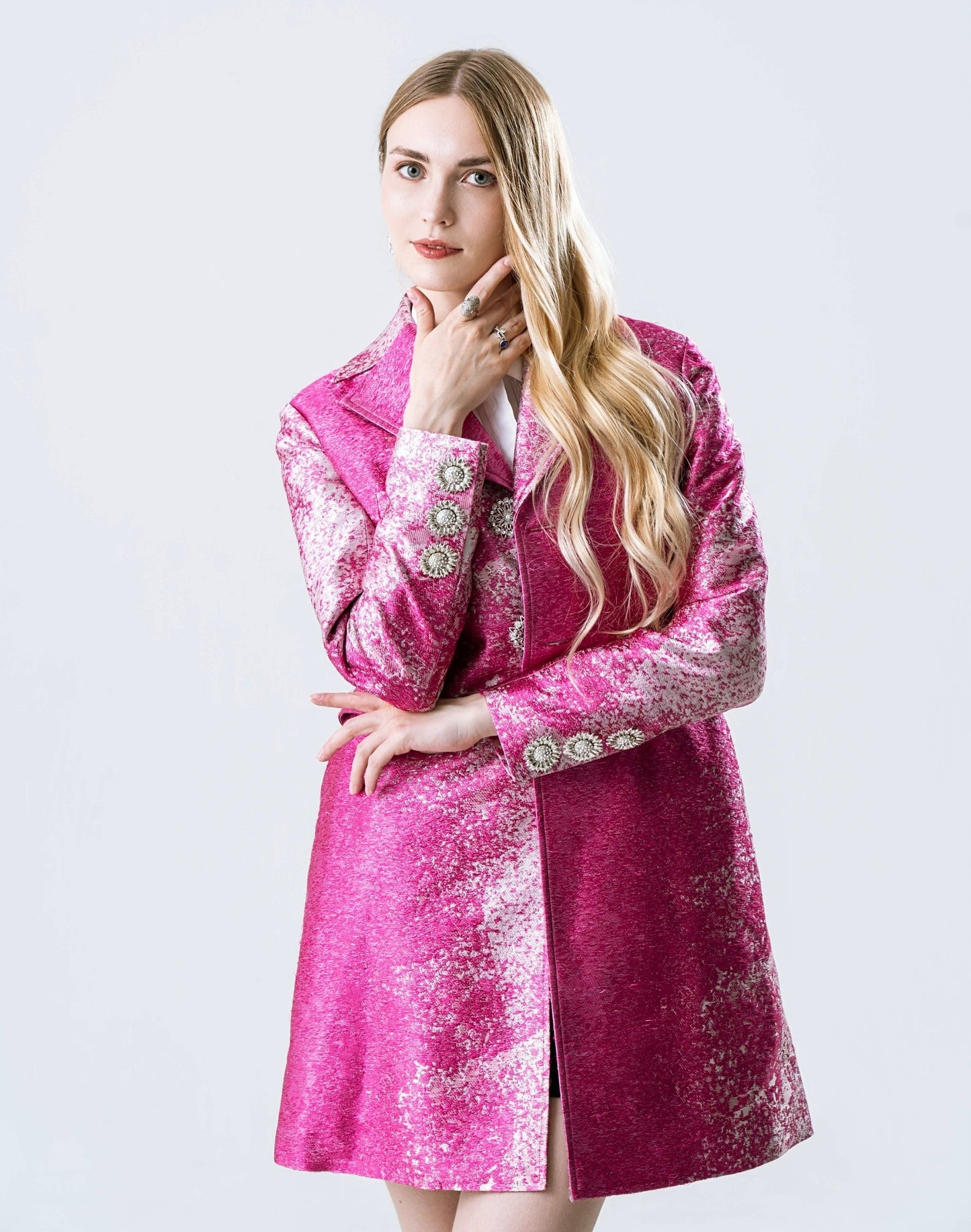 Fuchsia rhinestone button jacquard coat