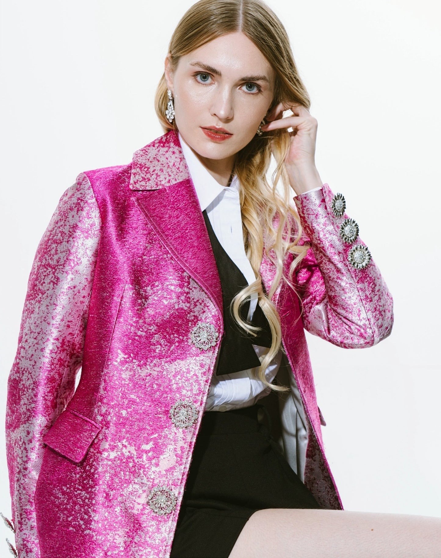 Fuchsia rhinestone button jacquard coat
