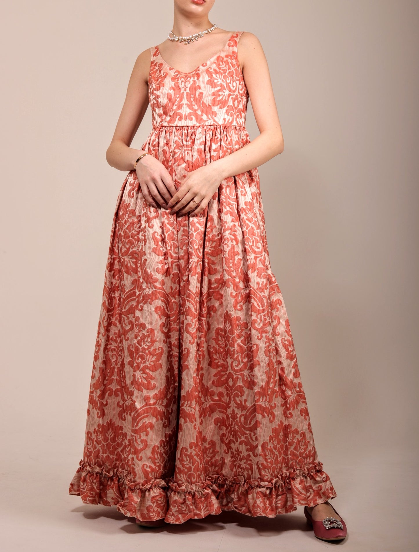Coral damask moire evening dress *Made to order