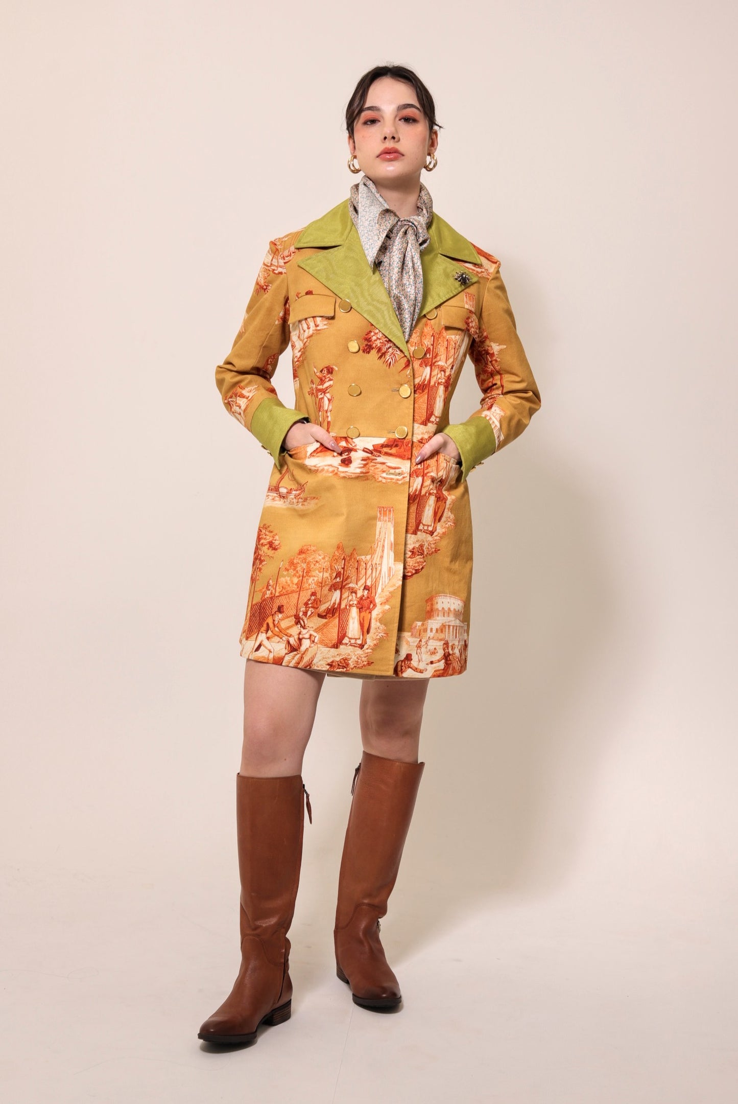 Toile de Jouy printed cotton double-breasted coat*Made to order