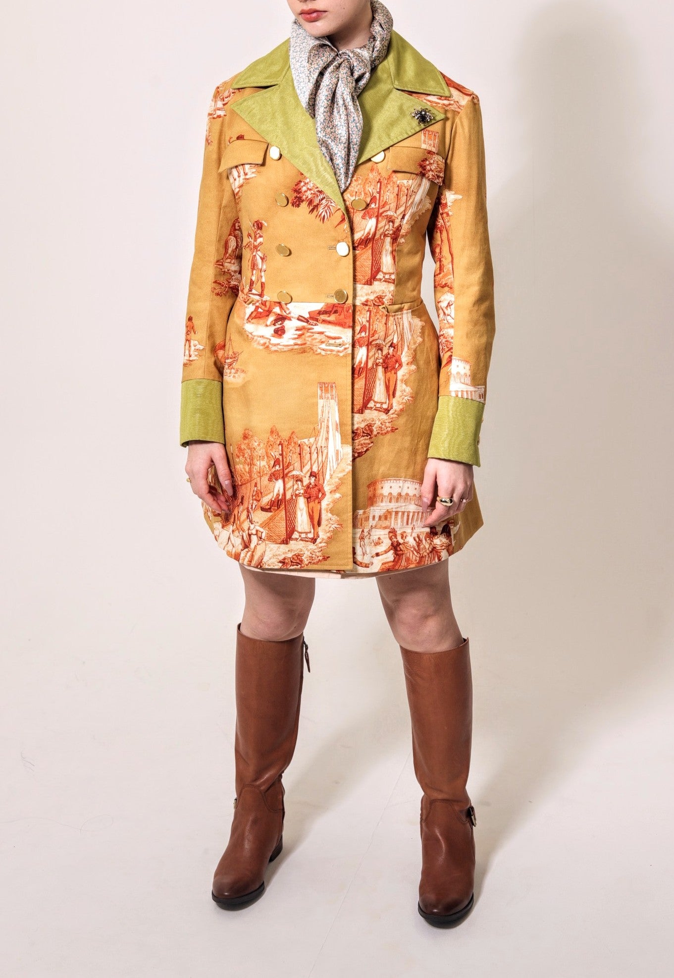 Toile de Jouy printed cotton double-breasted coat*Made to order