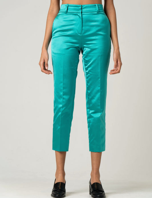 Emerald satin tapered trousers
