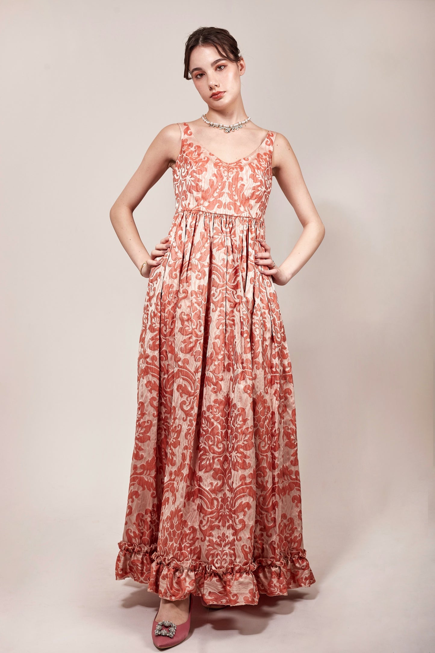 Coral damask moire evening dress *Made to order