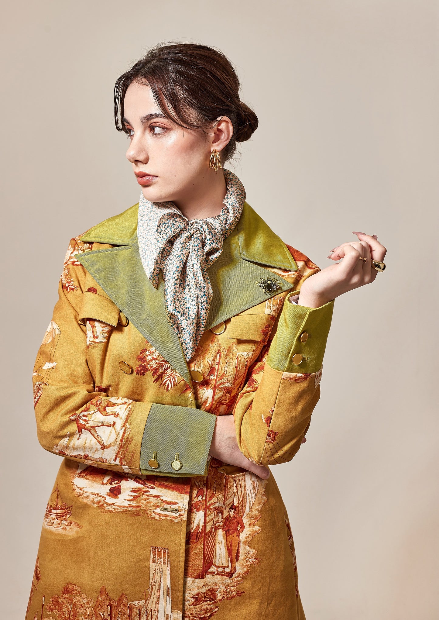 Toile de Jouy printed cotton double-breasted coat*Made to order